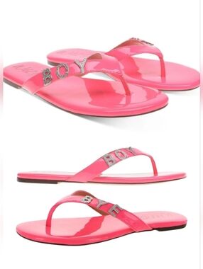 NIB Wild Pair "Boy Bye" Graphic Bright Pink Rhinestone Sandals Size 7.5 *bsmt
